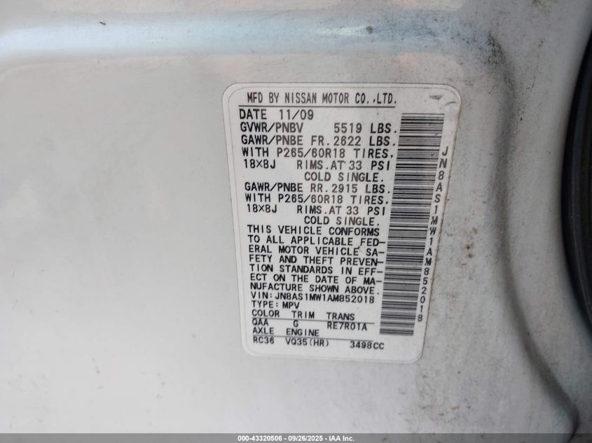 2010 Infiniti Fx35 VIN: JN8AS1MW1AM852018 Lot: 43320506