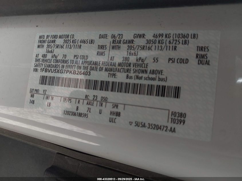 2023 Ford Transit-350 Passenger Van Xlt VIN: 1FBVU5XG7PKB26403 Lot: 43320513
