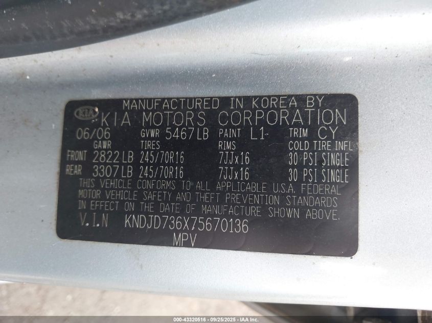 2007 Kia Sorento Lx VIN: KNDJD736X75670136 Lot: 43320516
