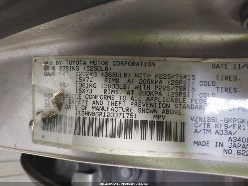 2002 Toyota 4Runner Sr5 V6 VIN: JT3HN86R120371751 Lot: 43320514