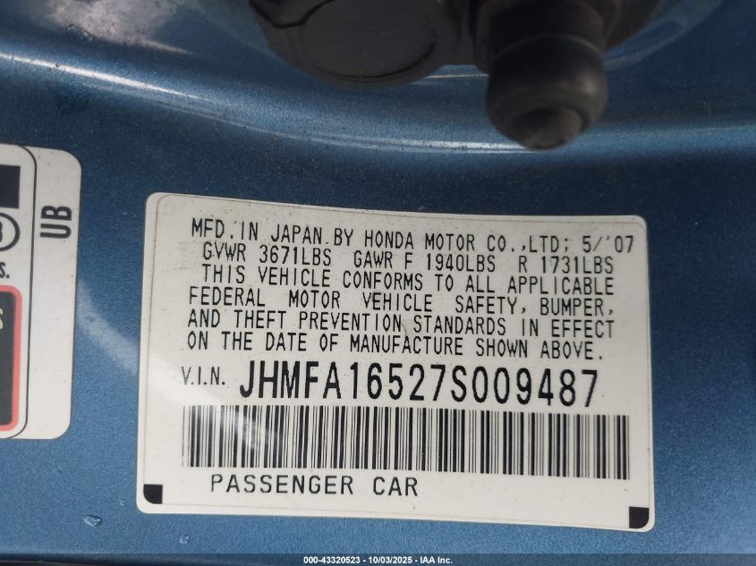 2007 Honda Civic Lx VIN: JHMFA16527S009487 Lot: 43320523