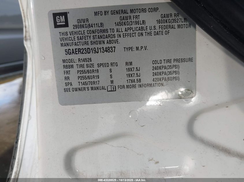 2009 Buick Enclave Cxl VIN: 5GAER23D19J134837 Lot: 43320529