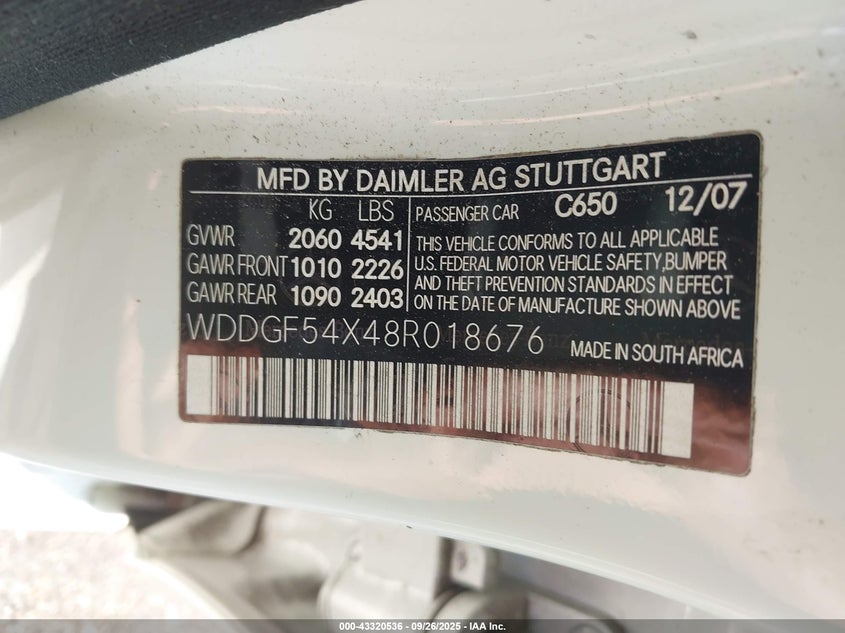 2008 Mercedes-Benz C 300 Luxury/Sport VIN: WDDGF54X48RO18676 Lot: 43320536