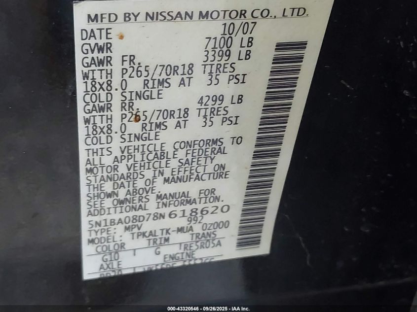 2008 Nissan Armada Se VIN: 5N1BA08D78N618620 Lot: 43320546