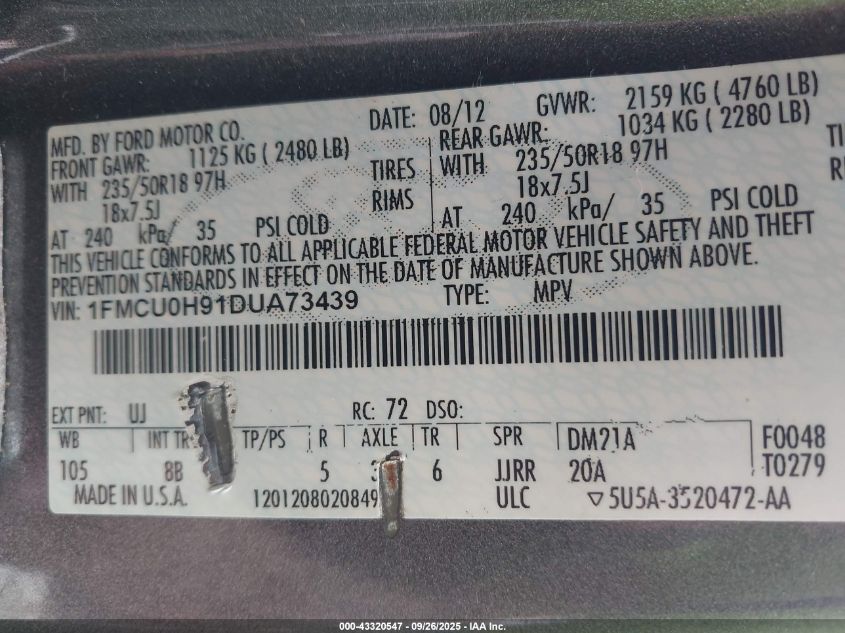 2013 Ford Escape Sel VIN: 1FMCU0H91DUA73439 Lot: 43320547