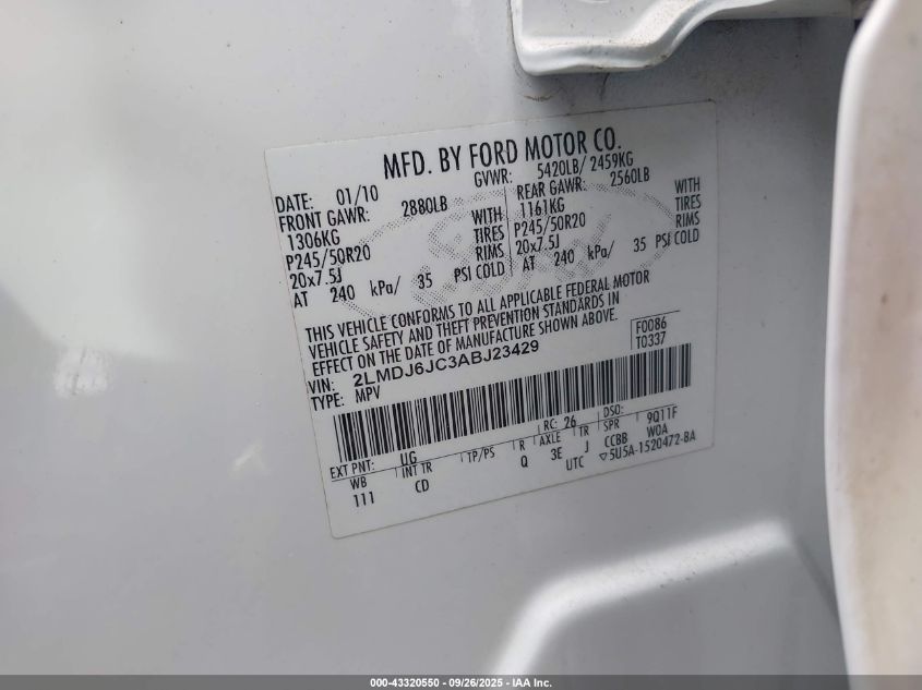 2010 Lincoln Mkx VIN: 2LMDJ6JC3ABJ23429 Lot: 43320550