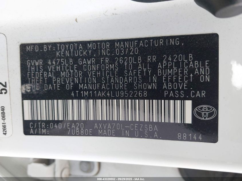 2020 Toyota Camry Se VIN: 4T1M11AK4LU952268 Lot: 43320552