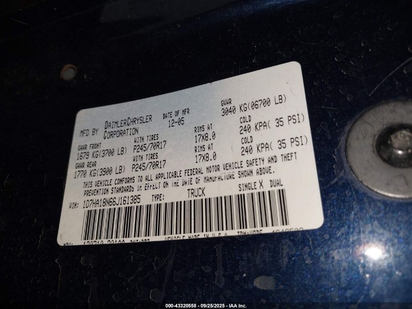 2006 Dodge Ram 1500 Slt VIN: 1D7HA18N66J161385 Lot: 43320558