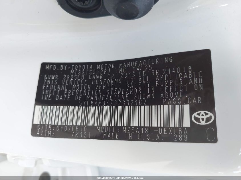 2025 Toyota Corolla Le VIN: 5YFB4MDE7SP302162 Lot: 43320561