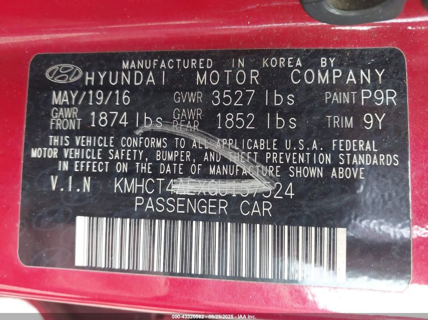 2016 Hyundai Accent Se VIN: KMHCT4AEXGU157524 Lot: 43320562
