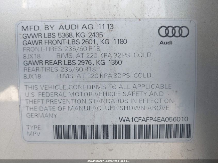 2014 Audi Q5 2.0T Premium VIN: WA1CFAFP4EA056010 Lot: 43320567