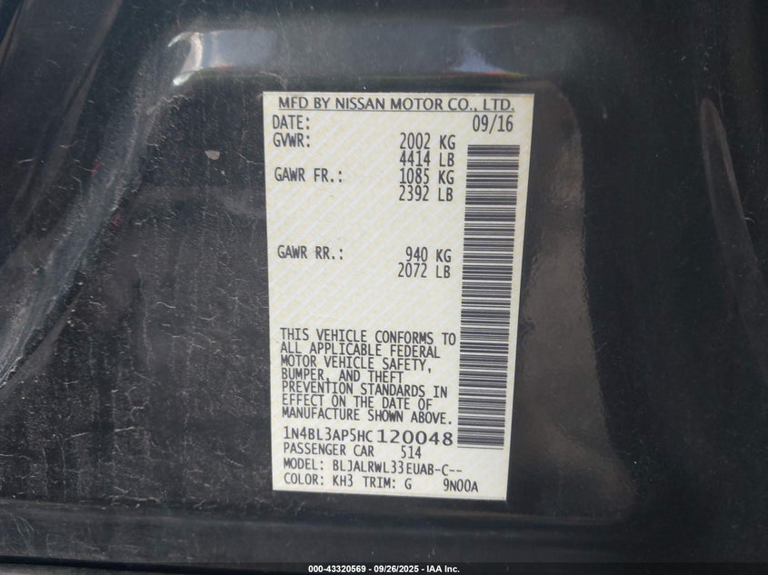 2017 NISSAN ALTIMA 3.5 SL/3.5 SR 1N4BL3AP5HC120048