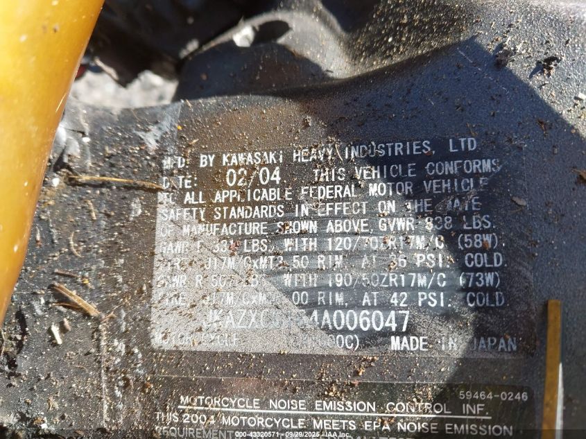 2004 Kawasaki Ninja Zx 10R VIN: JKAZXCC164A006047 Lot: 43320571