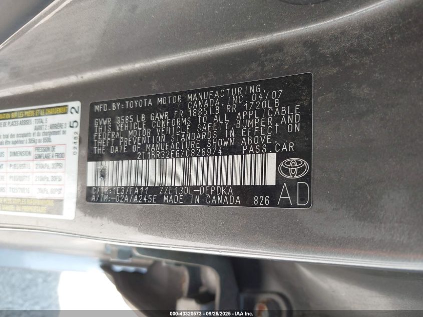 2007 Toyota Corolla Ce VIN: 2T1BR32E67C826974 Lot: 43320573