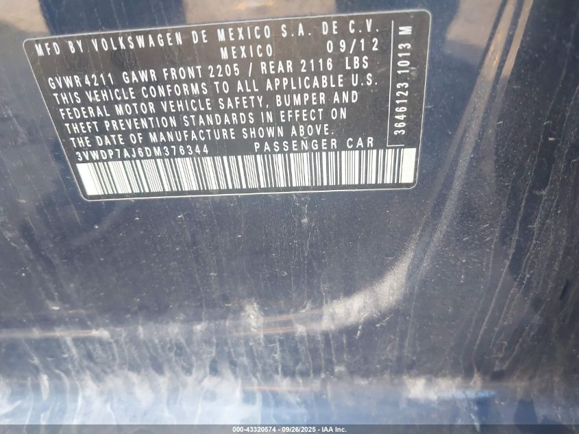 2013 Volkswagen Jetta 2.5L Se VIN: 3VWDP7AJ6DM376344 Lot: 43320574