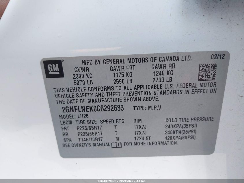 2012 Chevrolet Equinox Lt VIN: 2GNFLNEK0C6292633 Lot: 43320576