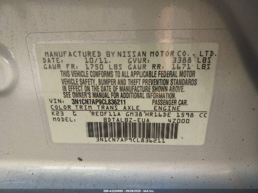 2012 Nissan Versa 1.6 Sv VIN: 3N1CN7AP9CL836211 Lot: 43320585