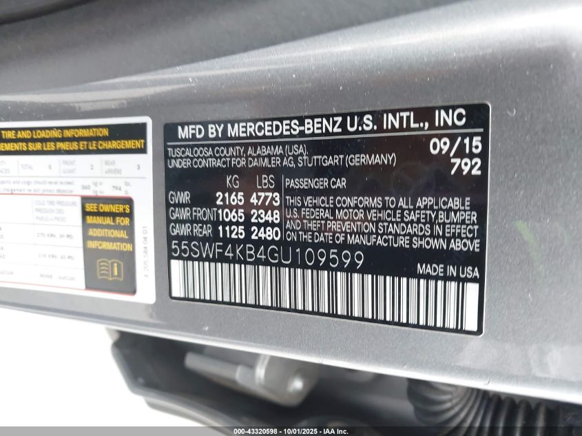 2016 Mercedes-Benz C 300 4Matic VIN: 55SWF4KB4GU109599 Lot: 43320598