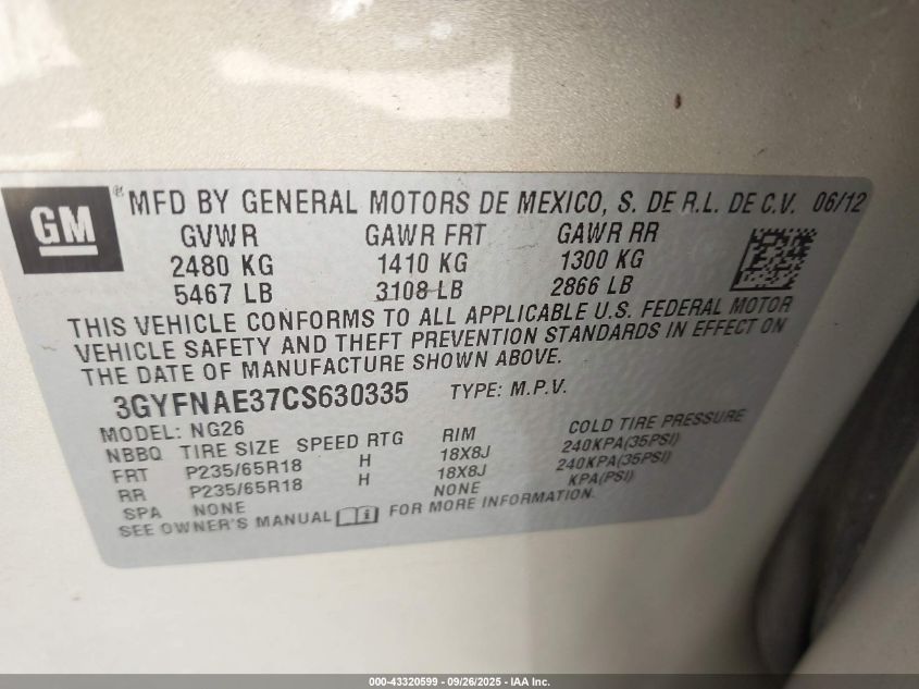 2012 Cadillac Srx Luxury Collection VIN: 3GYFNAE37CS630335 Lot: 43320599