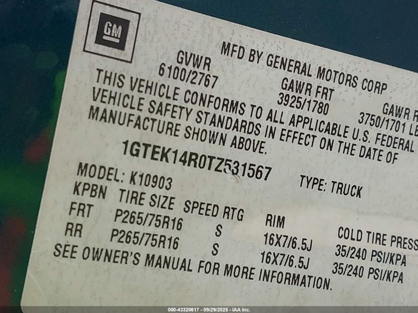 1996 GMC Sierra K1500 VIN: 1GTEK14R0TZ531567 Lot: 43320617