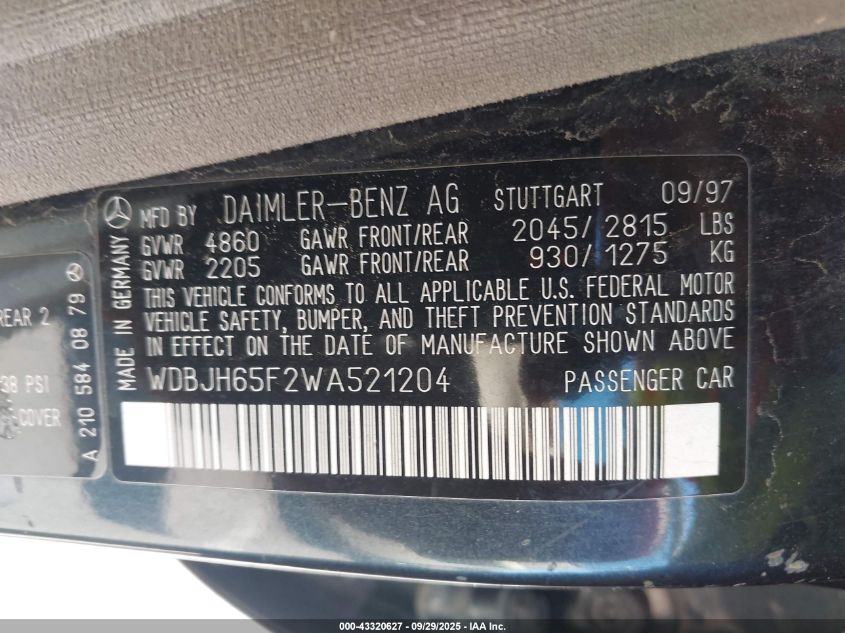 1998 Mercedes-Benz E 320 VIN: WDBJH65F2WA521204 Lot: 43320627