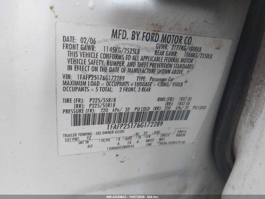 2006 Ford Five Hundred Limited VIN: 1FAFP25176G172289 Lot: 43320633