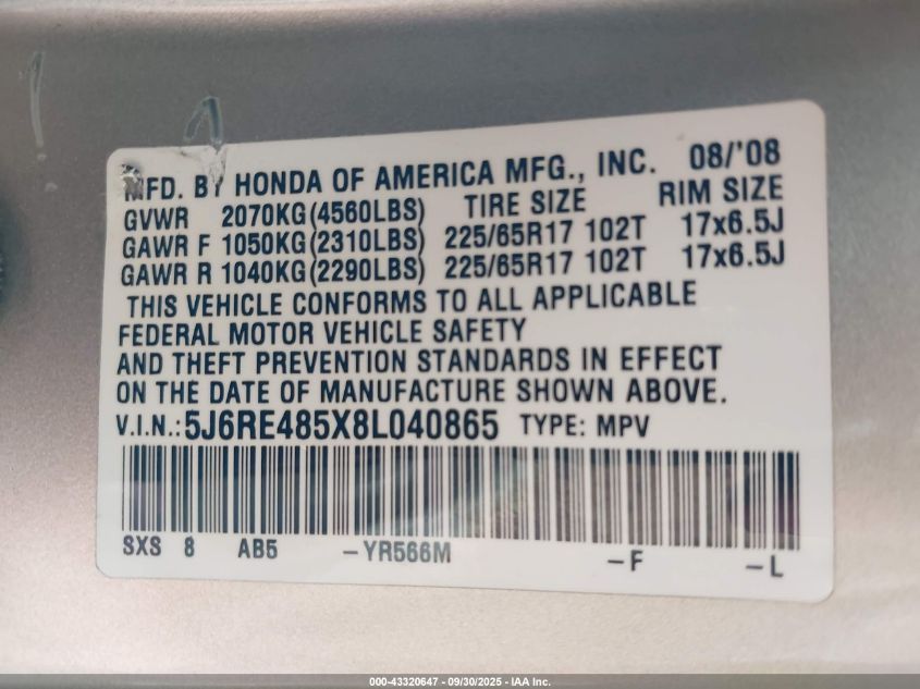 2008 Honda Cr-V Ex VIN: 5J6RE485X8L040865 Lot: 43320647