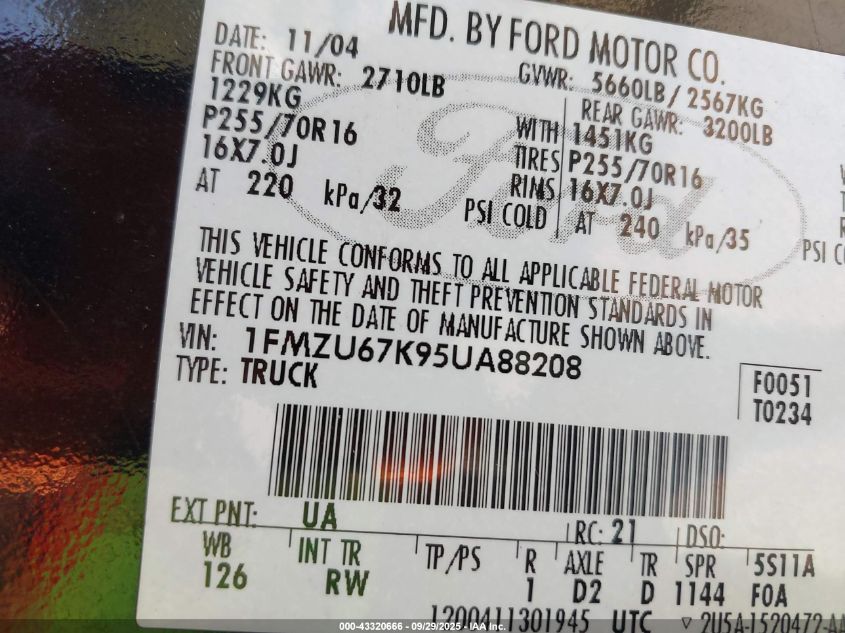 2005 Ford Explorer Sport Trac Adrenalin/Xls/Xlt VIN: 1FMZU67K95UA88208 Lot: 43320666