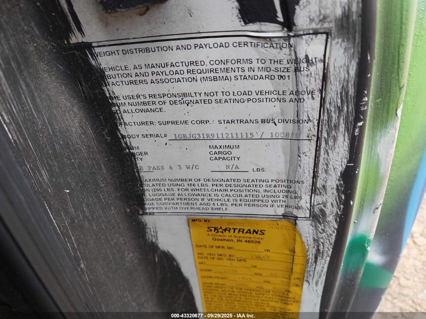 2001 Chevrolet Express Rv Cutaway VIN: 1GBJG31R911211115 Lot: 43320677