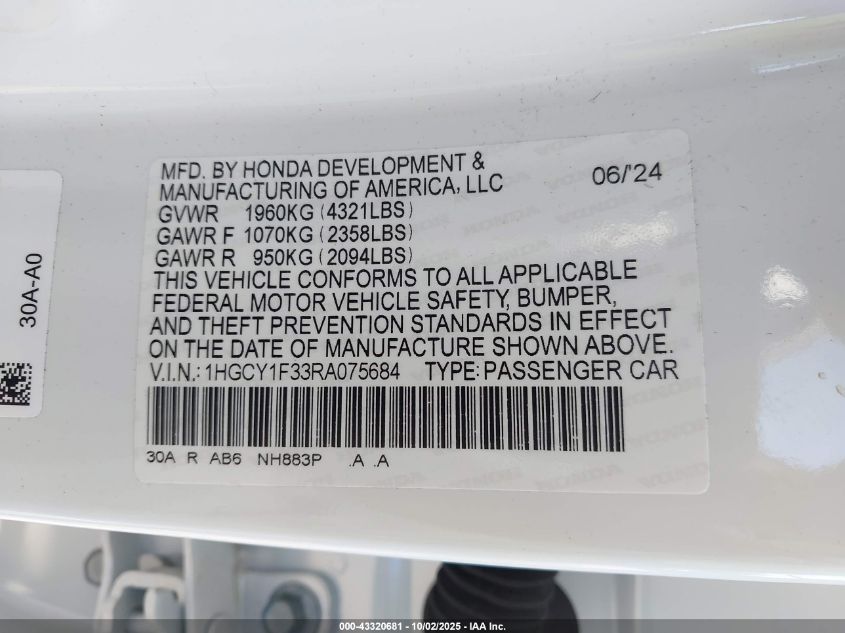 2024 Honda Accord Ex VIN: 1HGCY1F33RA075684 Lot: 43320681