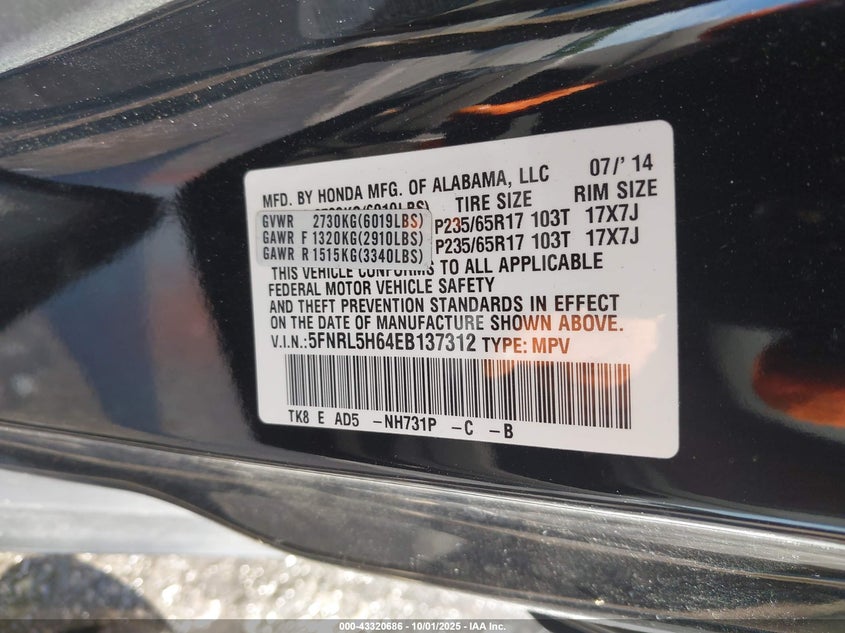 2014 HONDA ODYSSEY EX-L 5FNRL5H64EB137312