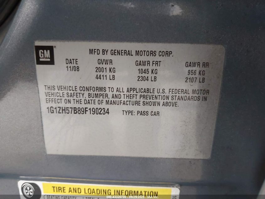 2009 Chevrolet Malibu Lt VIN: 1G1ZH57B89F190234 Lot: 43320700