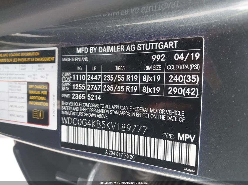 2019 Mercedes-Benz Glc 300 4Matic VIN: WDC0G4KB5KV189777 Lot: 43320710