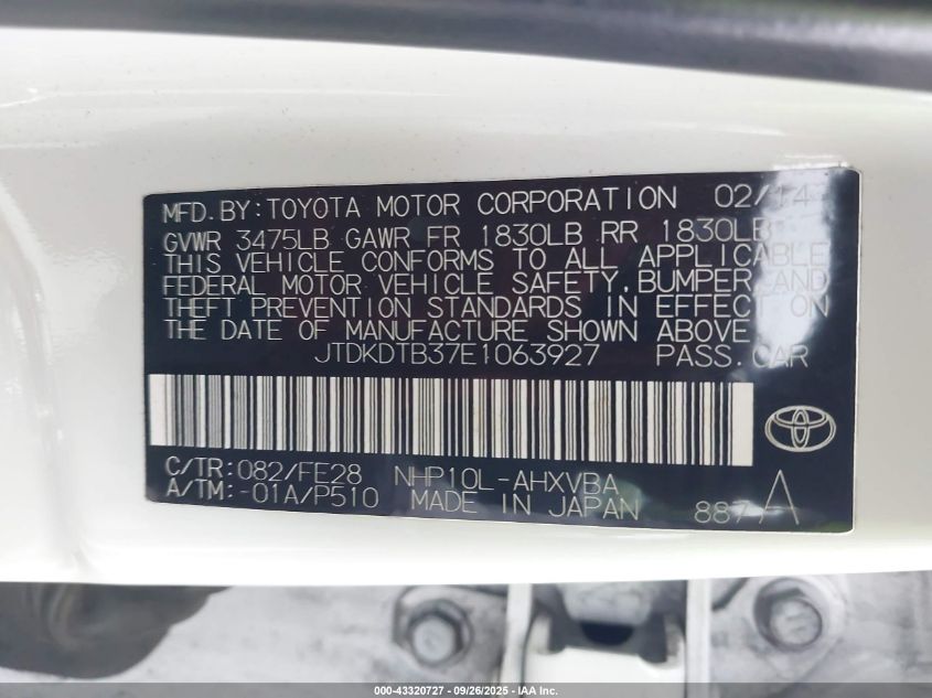 2014 Toyota Prius C One VIN: JTDKDTB37E1063927 Lot: 43320727