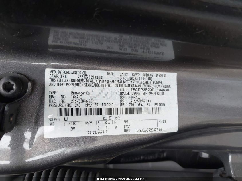 2013 Ford Focus Se VIN: 1FADP3F29DL104830 Lot: 43320732