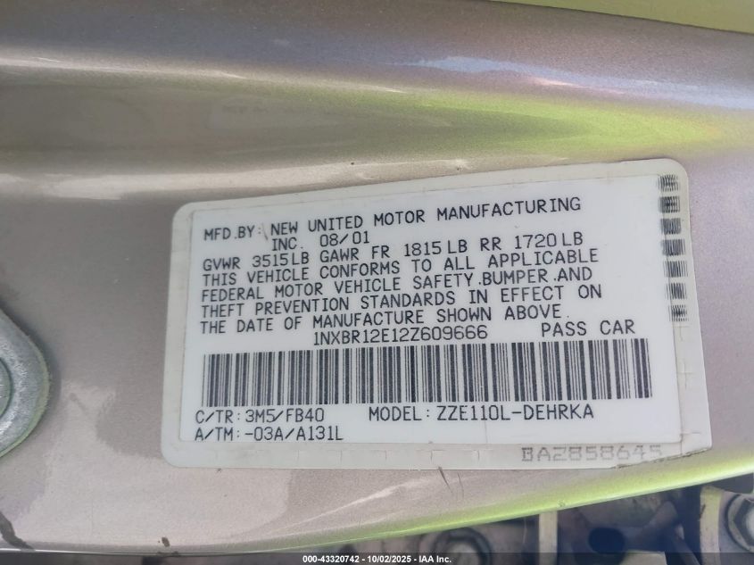 2002 Toyota Corolla Ce VIN: 1NXBR12E12Z609666 Lot: 43320742