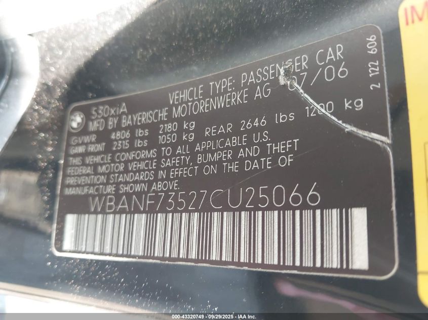 2007 BMW 530Xi VIN: WBANF73527CU25066 Lot: 43320749