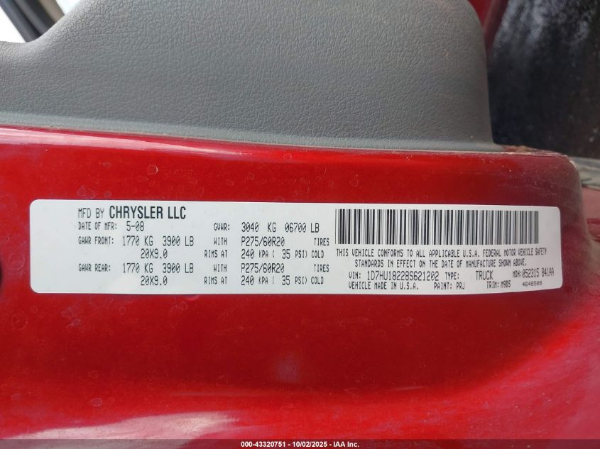 2008 Dodge Ram 1500 Slt VIN: 1D7HU18228S621202 Lot: 43320751