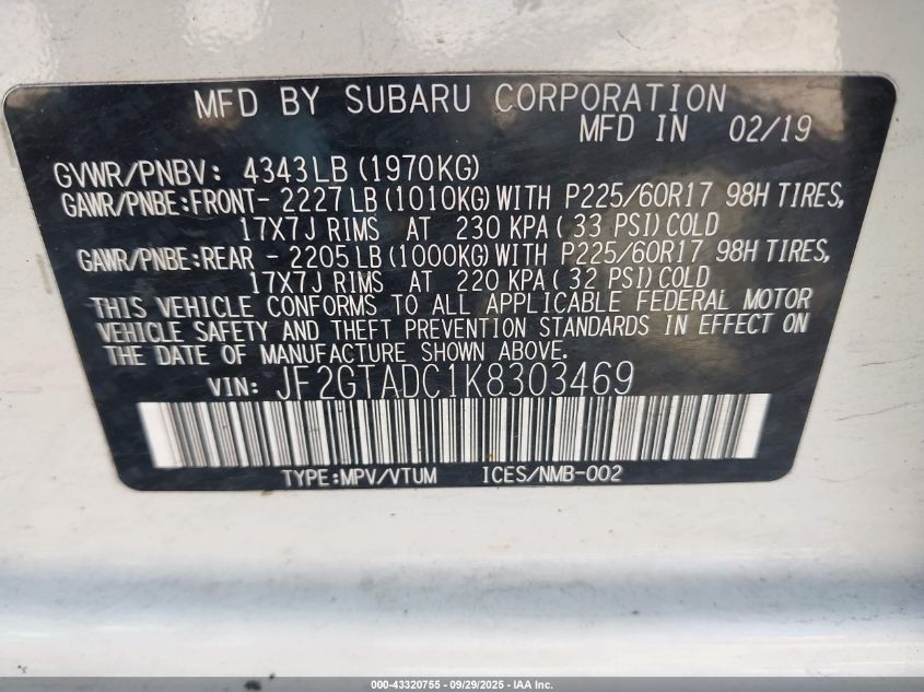 2019 Subaru Crosstrek 2.0I Premium VIN: JF2GTADC1K8303469 Lot: 43320755