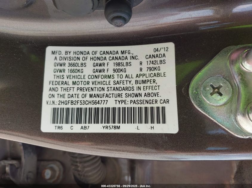 2012 Honda Civic Lx VIN: 2HGFB2F53CH564777 Lot: 43320756