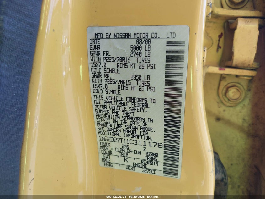 2001 Nissan Frontier Xe-V6 VIN: 1N6ED27T11C311178 Lot: 43320776