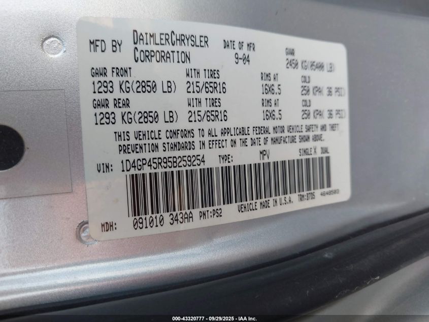 2005 Dodge Caravan Sxt VIN: 1D4GP45R95B259254 Lot: 43320777