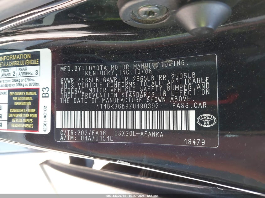 2007 Toyota Avalon Xl VIN: 4T1BK36B97U190392 Lot: 43320786