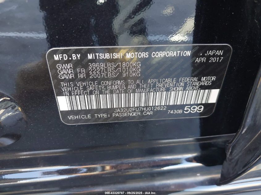 2017 Mitsubishi Lancer Es VIN: JA32U2FU7HU012622 Lot: 43320787