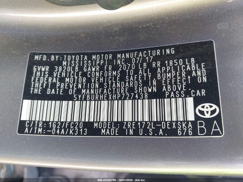 2017 Toyota Corolla Se VIN: 5YFBURHEXHP727438 Lot: 43320799