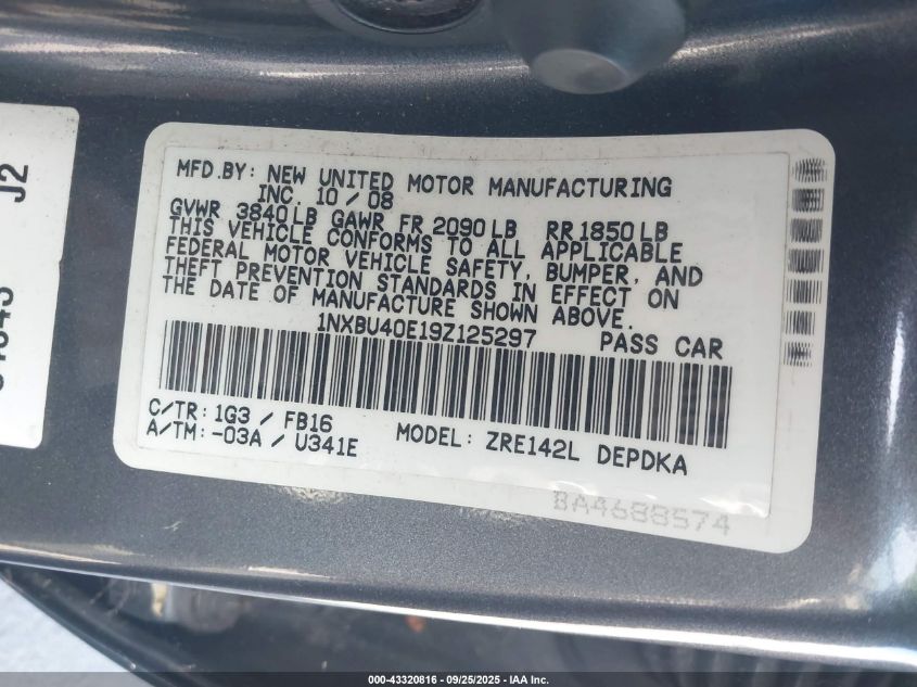 2009 Toyota Corolla Le VIN: 1NXBU40E19Z125297 Lot: 43320816