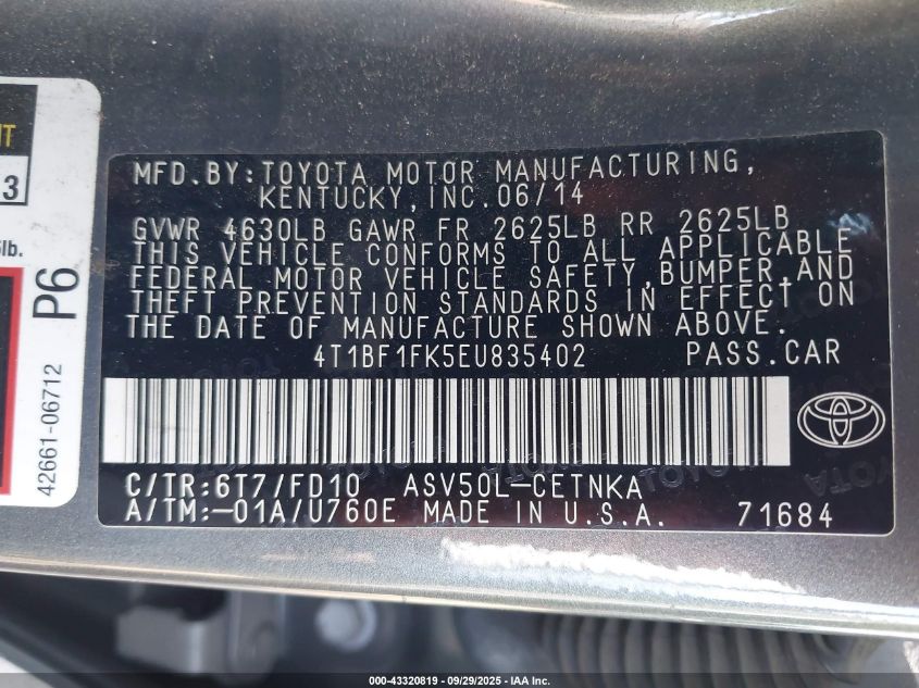 2014 Toyota Camry Le VIN: 4T1BF1FK5EU835402 Lot: 43320819