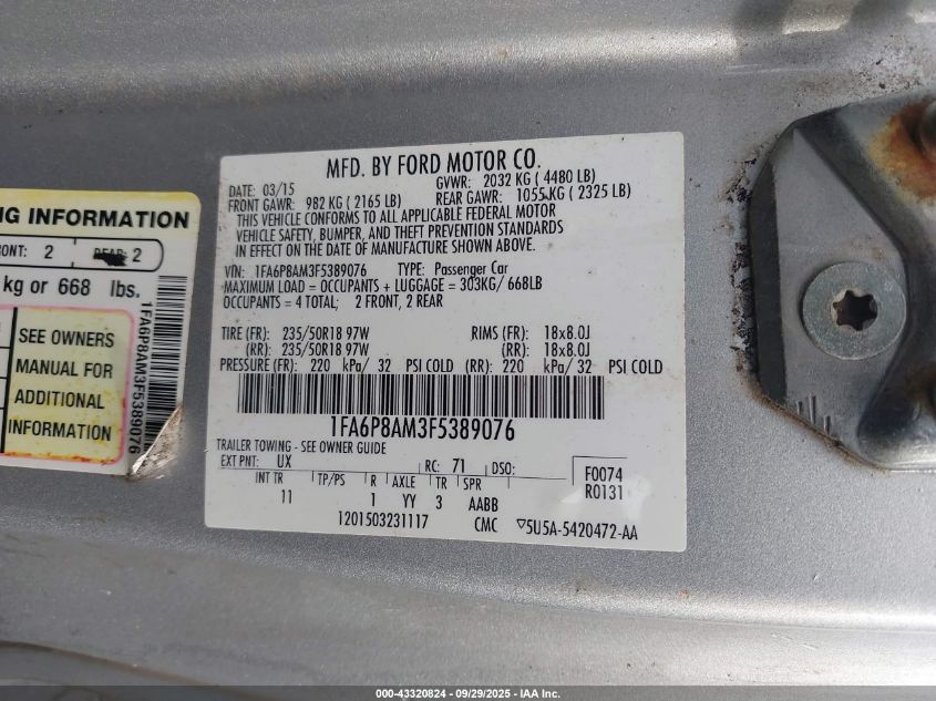 2015 Ford Mustang V6 VIN: 1FA6P8AM3F5389076 Lot: 43320824