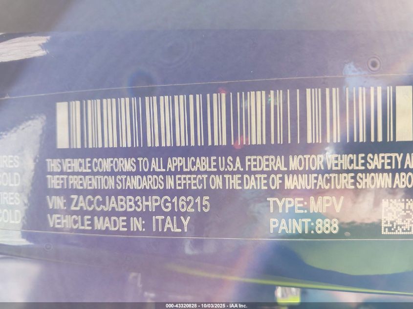 2017 Jeep Renegade Latitude Fwd VIN: ZACCJABB3HPG16215 Lot: 43320828