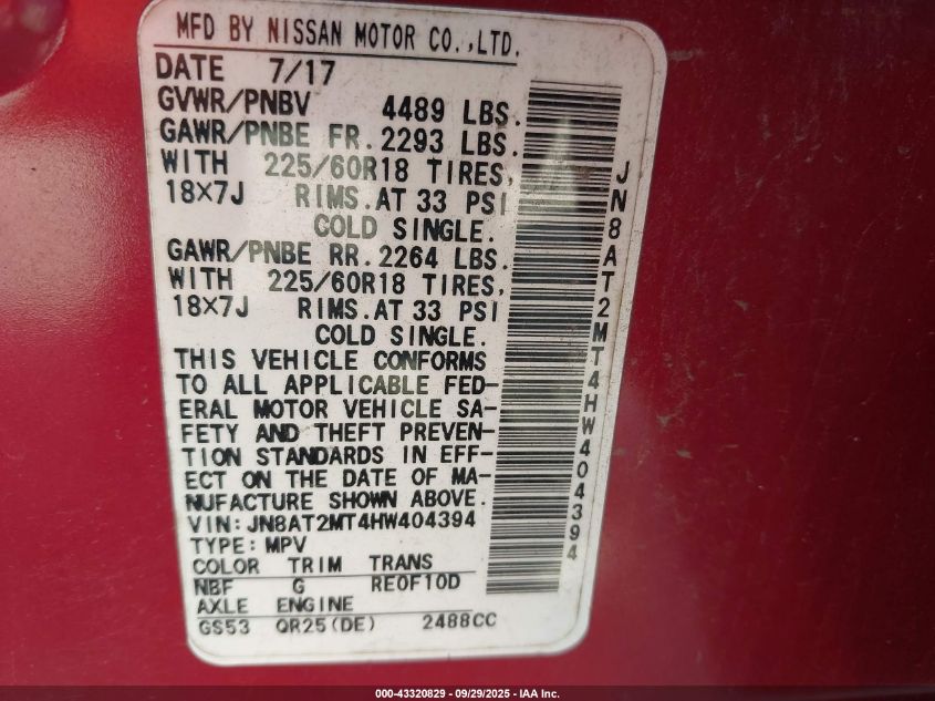 2017 Nissan Rogue Sl VIN: JN8AT2MT4HW404394 Lot: 43320829